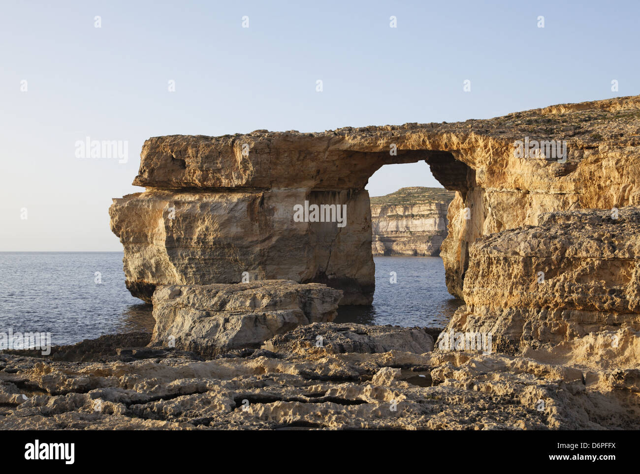 Malta, Gozo, Dwejra, 'Azure Window', a natural rock arch, coast, cliffs, sunset light peaceful, harmonious, San Lawrenz, Malta, Stock Photo