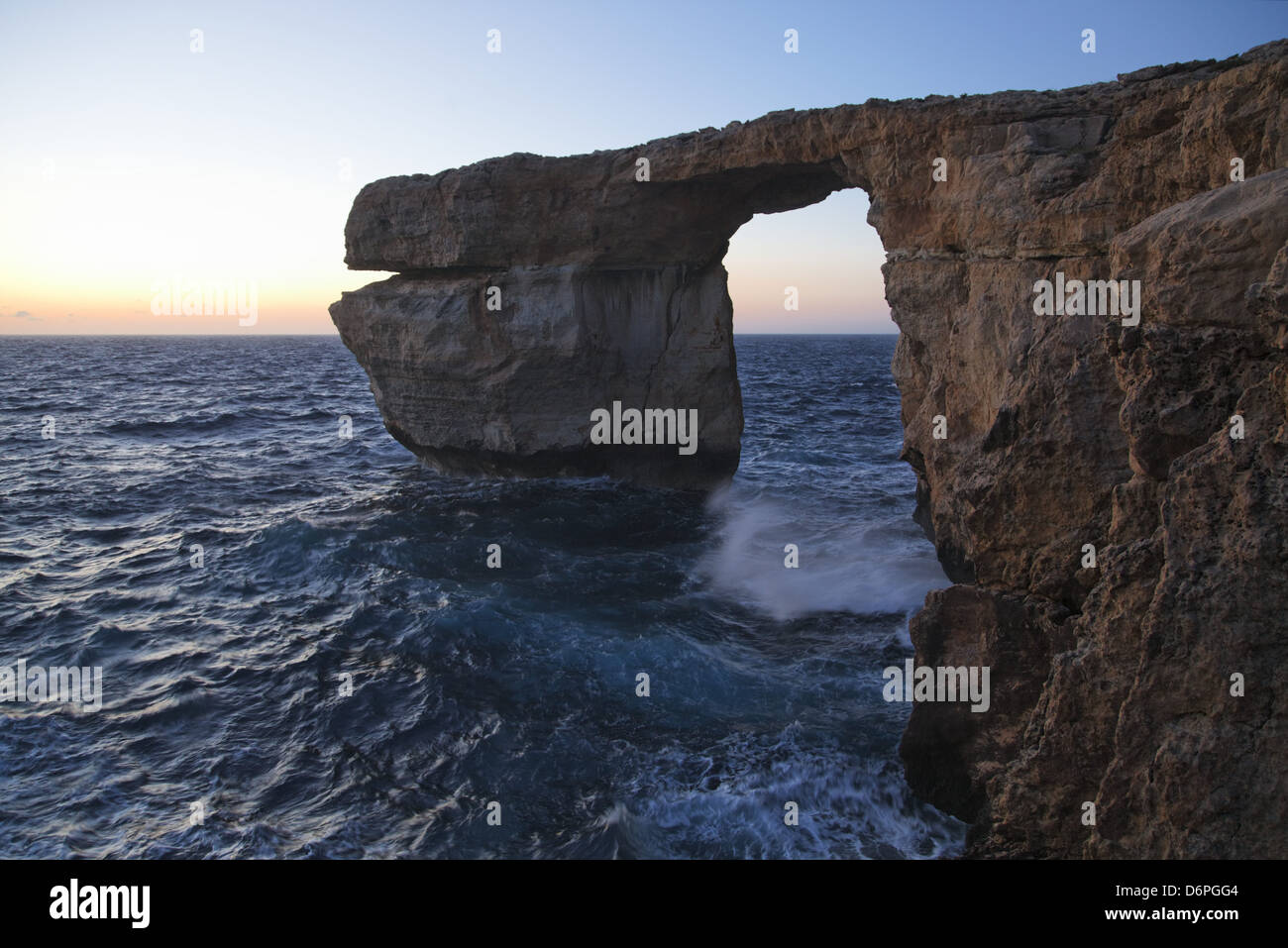 Malta, Gozo, Dwejra, 'Azure Window', a natural rock arch, coast, cliffs, sunset light peaceful, harmonious, San Lawrenz, Malta, Stock Photo
