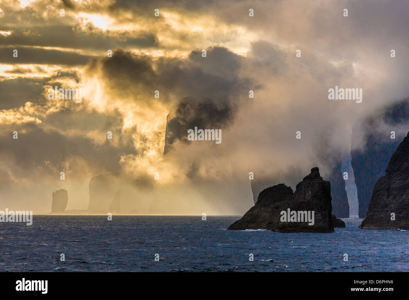 Mykines coastline at sunrise, Faroes, Denmark, Europe Stock Photo