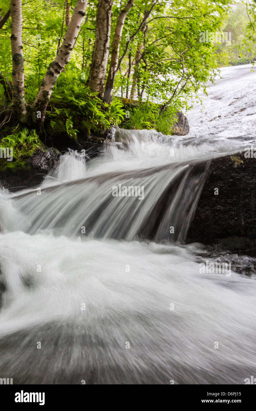 Slow shutter speed to create silky waterfall, Hellemoboten, Norway, Scandinavia, Europe Stock Photo