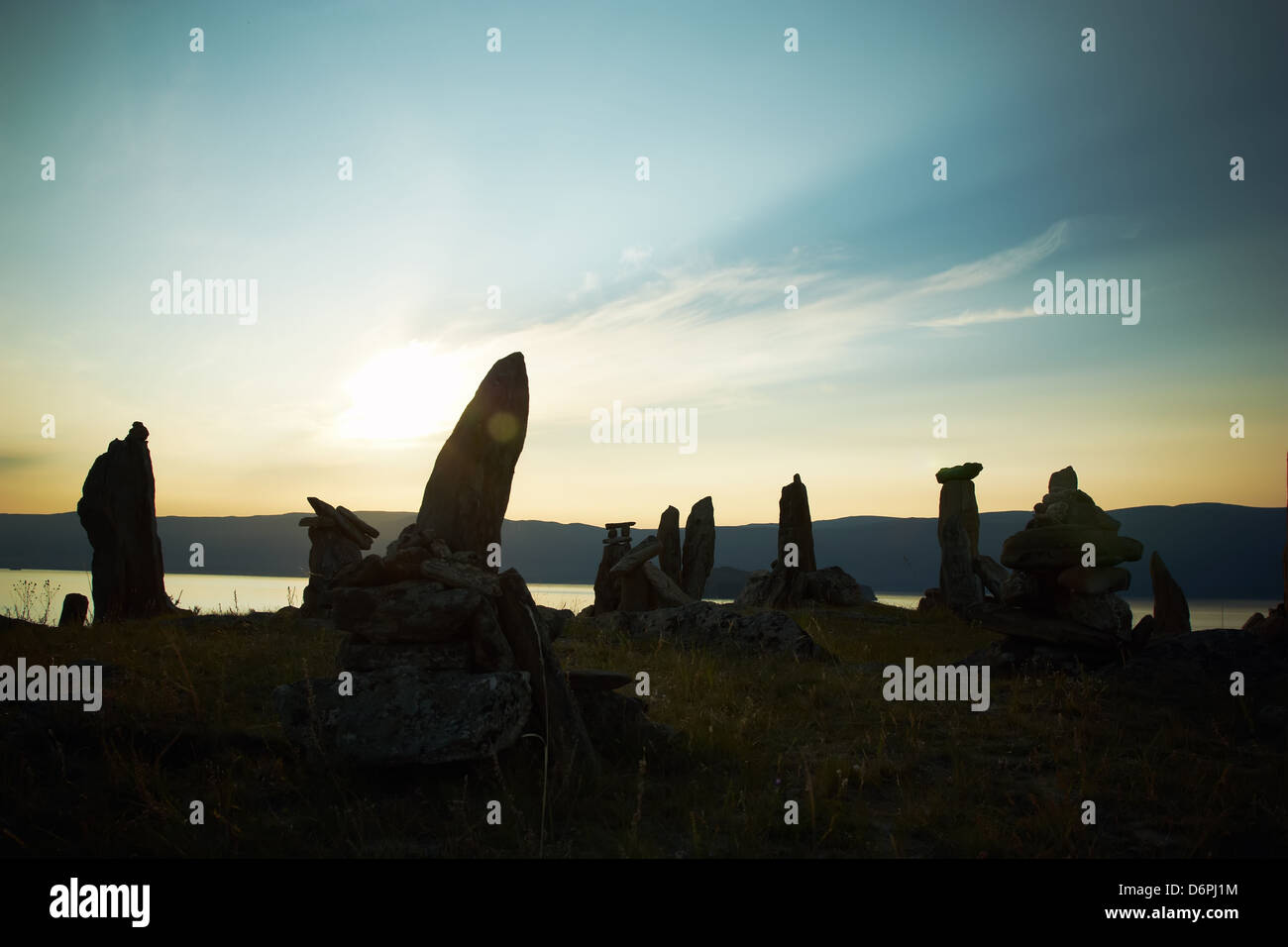 Stone landscape against a decline lake Baikal Stock Photo