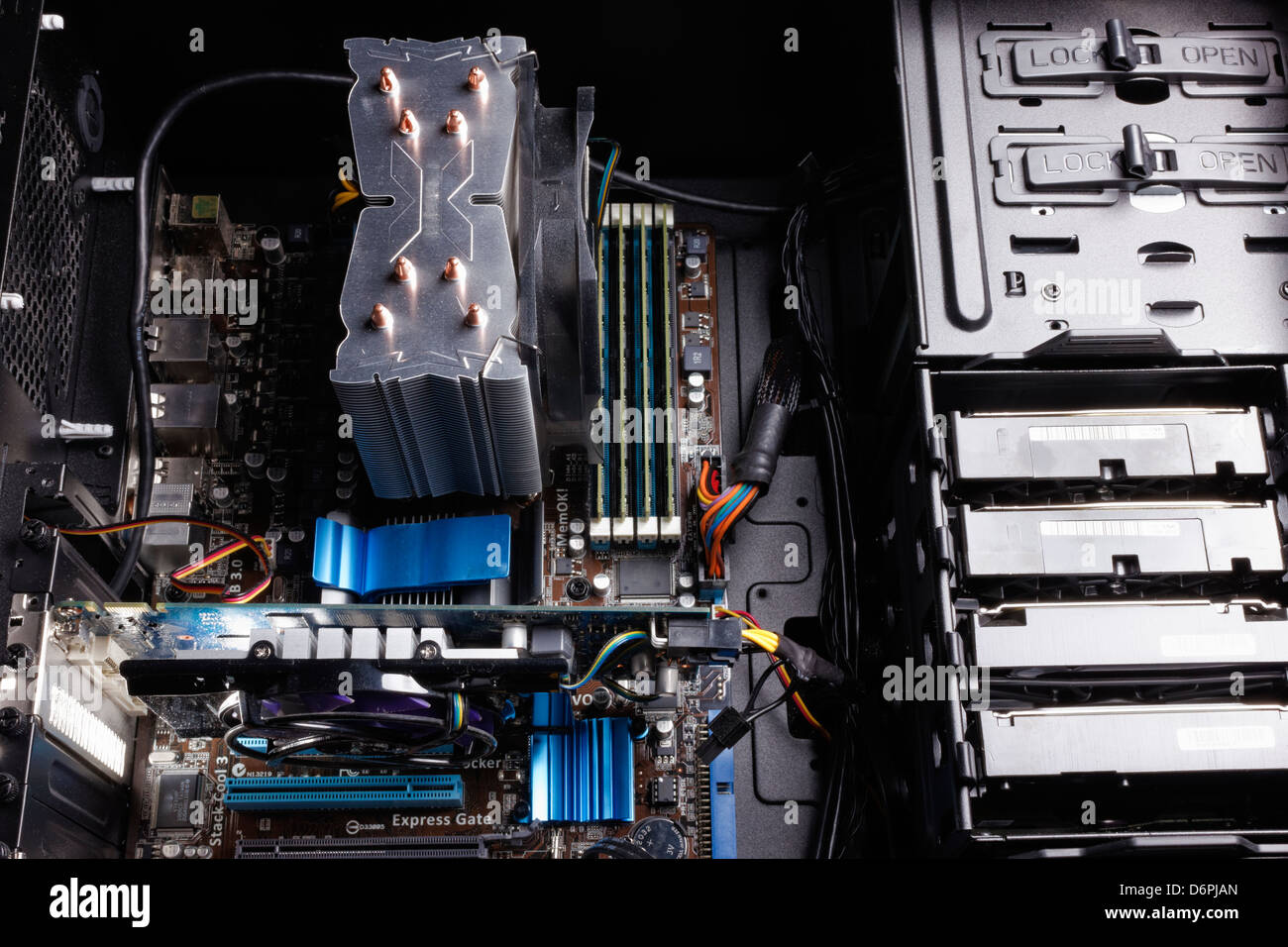 Close up of the motherboard inside of a PC desktop computer. Stock Photo