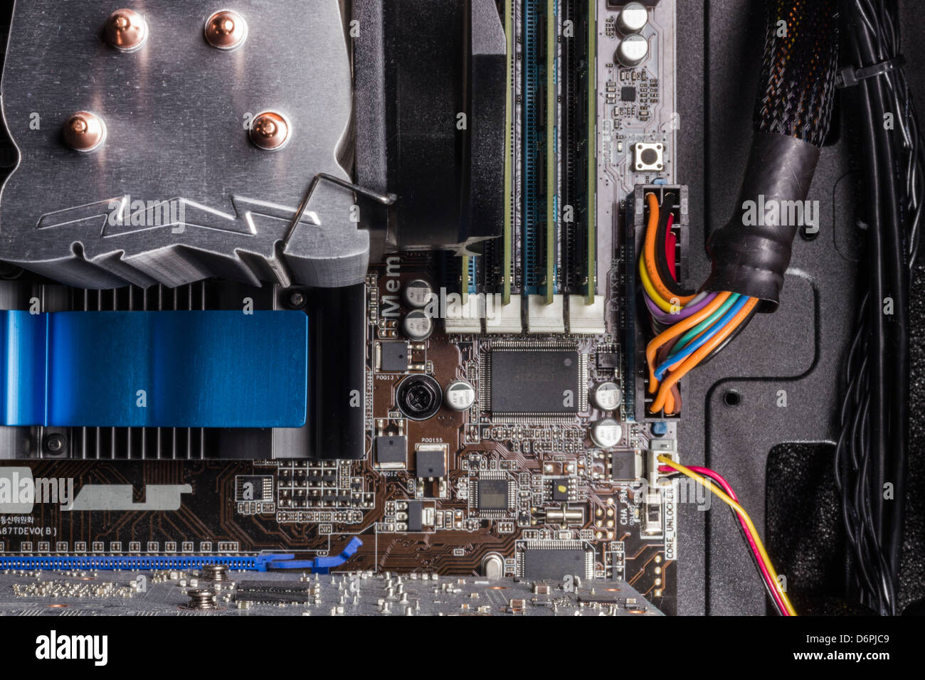 Close up of the motherboard inside of a PC desktop computer. Stock Photo