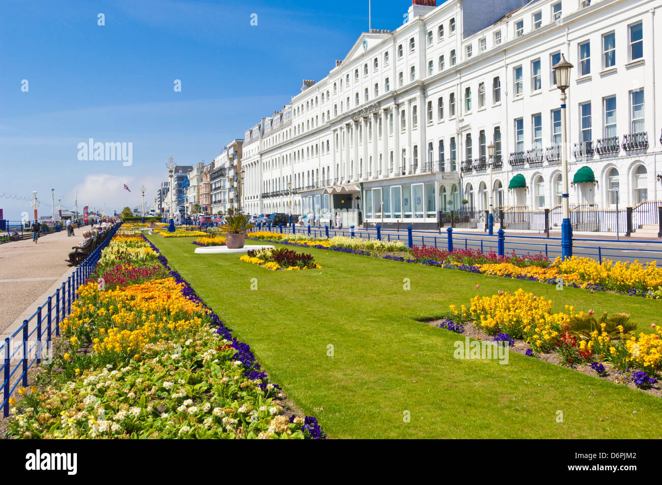 Hotels on the seafront promenade, flower filled gardens, Eastbourne, East Sussex, England, GB, UK, EU, Europe Stock Photo