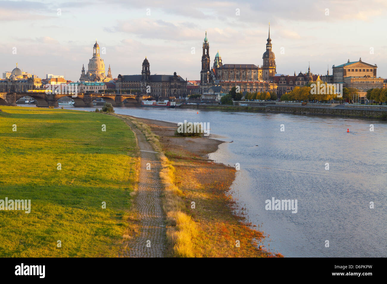 Historic Center of Dresden and the Elbe River at sunset, Saxony, Germany, Europe Stock Photo