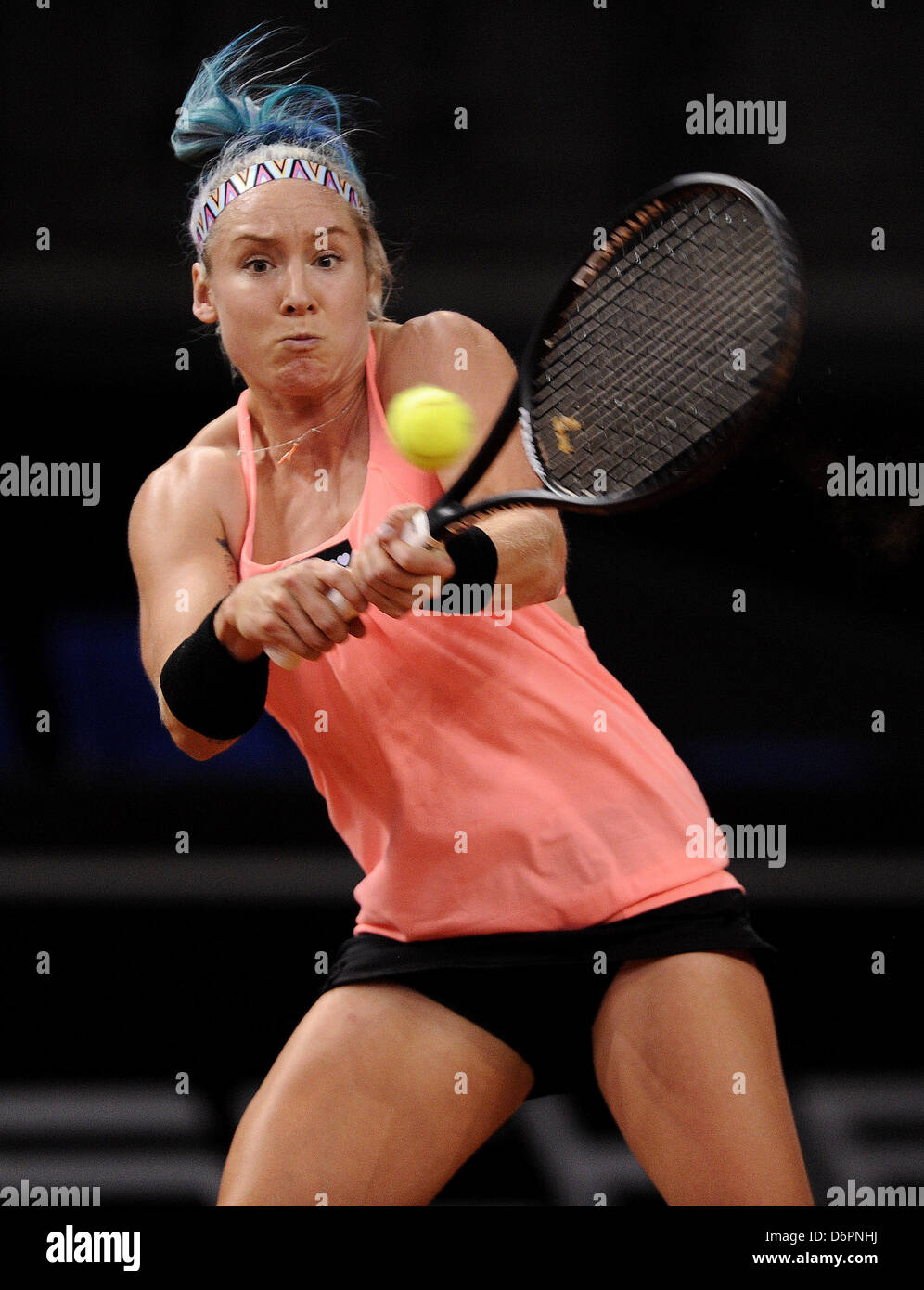 The USA's Bethanie Mattek-Sands serves during the match against Germany's Friedsam at the WTA Porsche Tennis Grand Prix in the Porsh Arena in Stuttgart, Germany, 22 April 2013. Photo: DANIEL MAURER Stock Photo