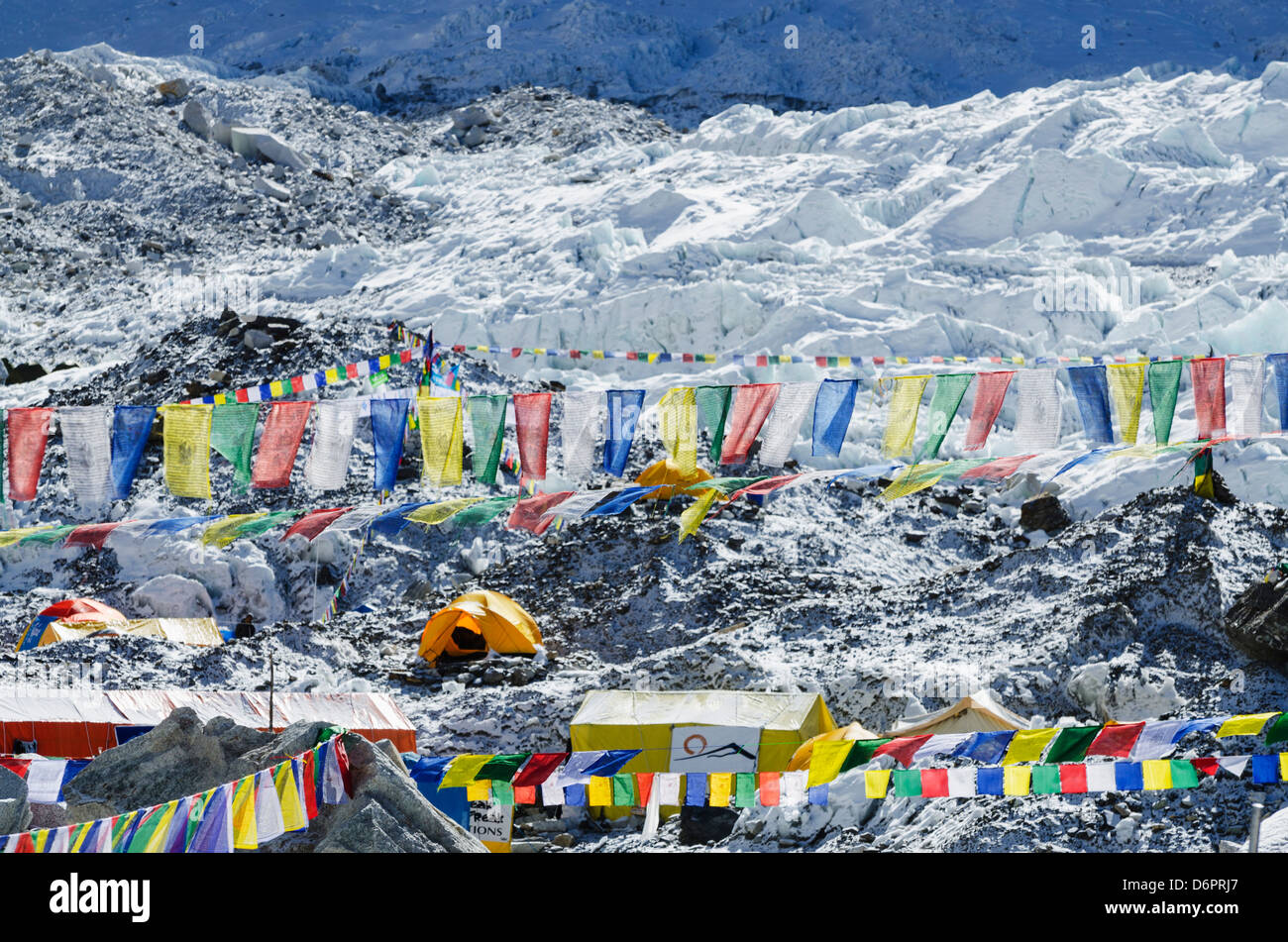 Asia, Nepal, Himalayas, Sagarmatha National Park, Solu Khumbu Everest Region, Unesco Site, prayer flags at Everest Base Camp Stock Photo