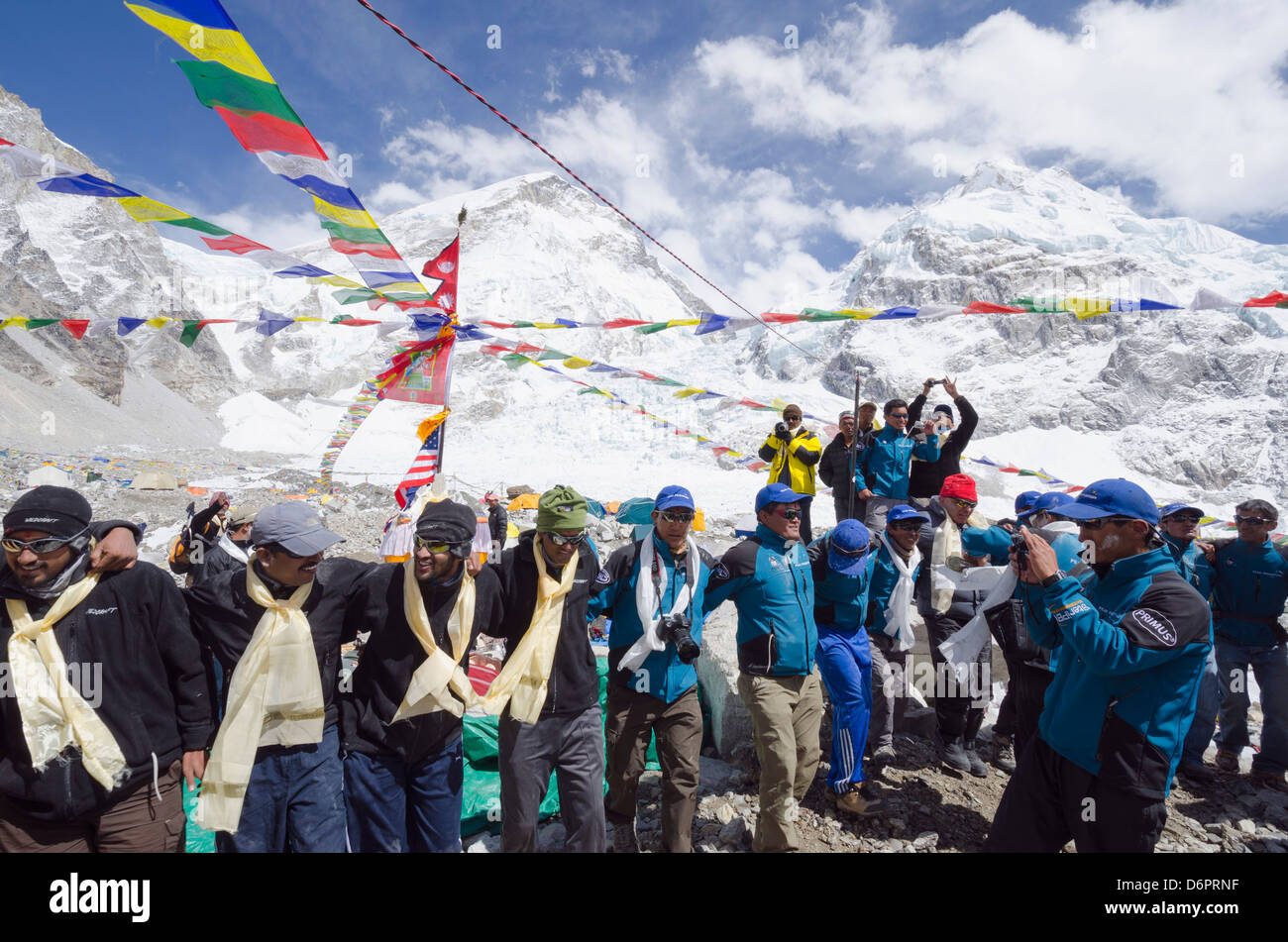 Asia, Nepal, Himalayas, Sagarmatha National Park, Solu Khumbu Everest Region, Unesco Site, Puja ceremony at Everest Base Camp Stock Photo