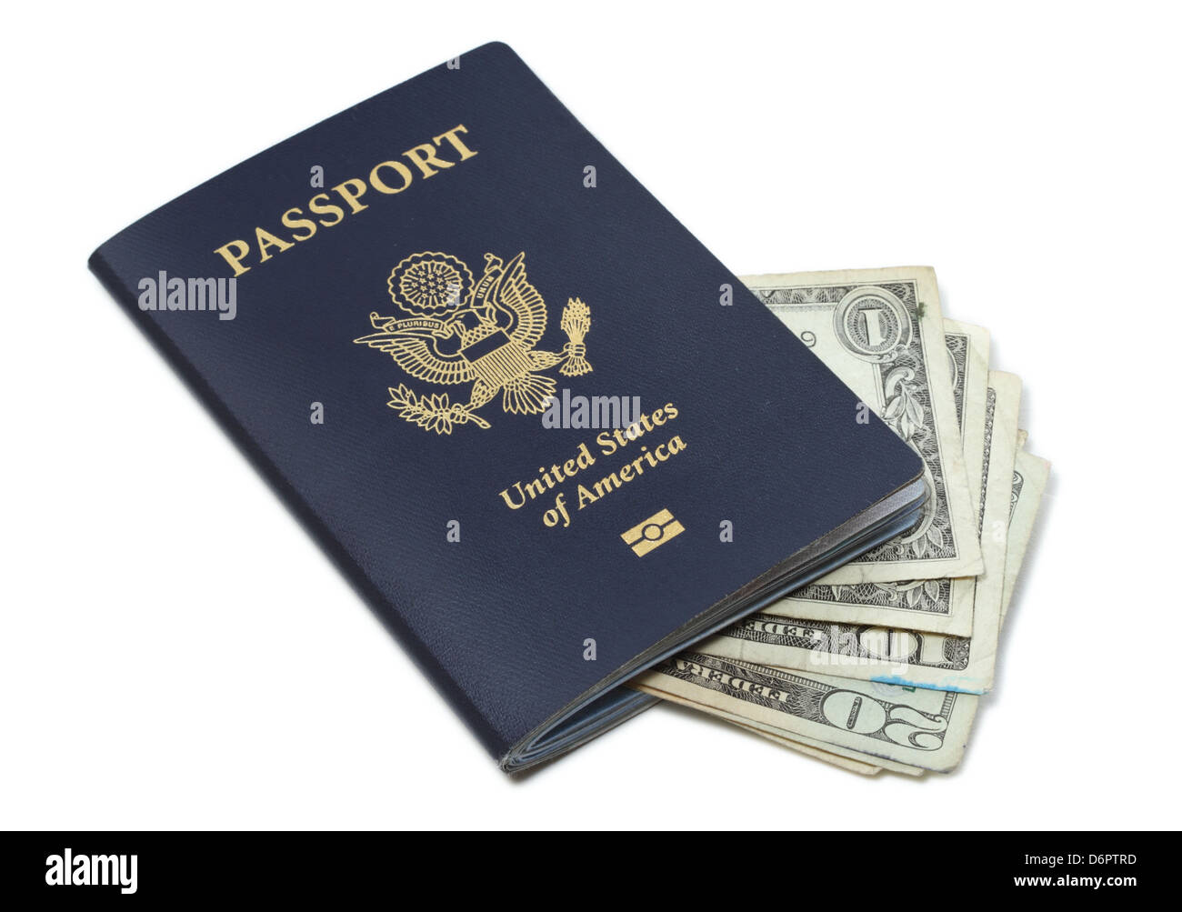 Passport of United States of America and Dollar bills isolated Stock Photo