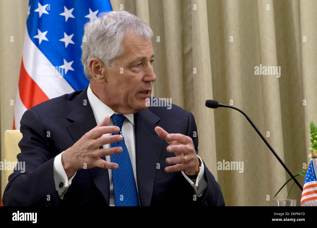 US Secretary of Defense Chuck Hagel meets with Israeli President Shimon Peres April 22, 2013 in Jerusalem, Israel. Hagel is in Israel on a six day trip to the middle east. Stock Photo