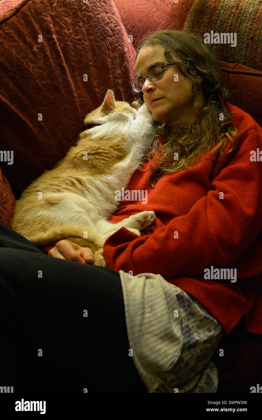 Woman and cat napping on couch. Stock Photo