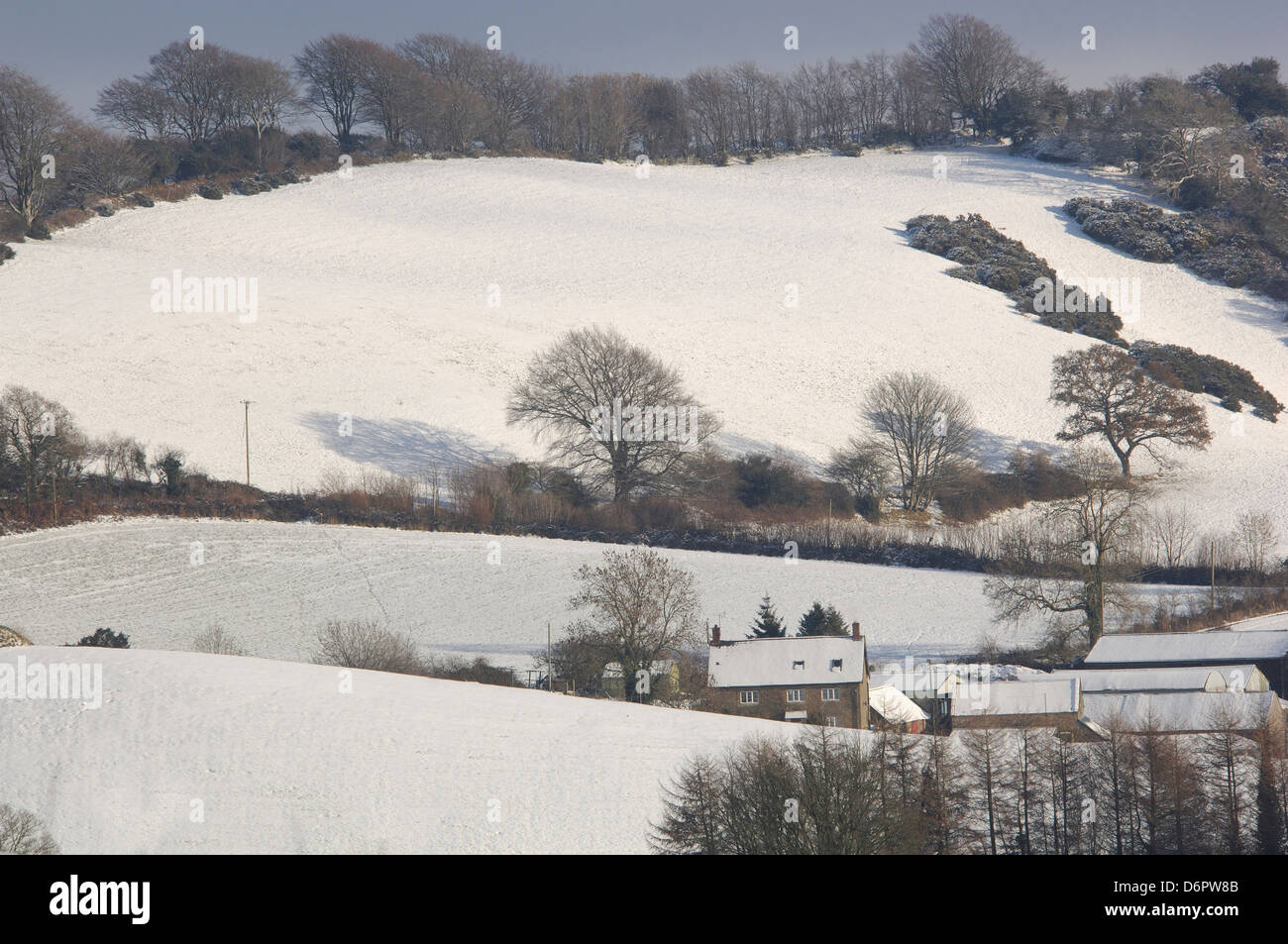A view of snow covered hills in Dorset UK Stock Photo