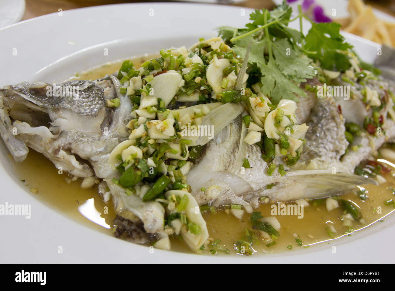 Steamed sea bass with lemon, chili and garlic sauce Stock Photo Alamy