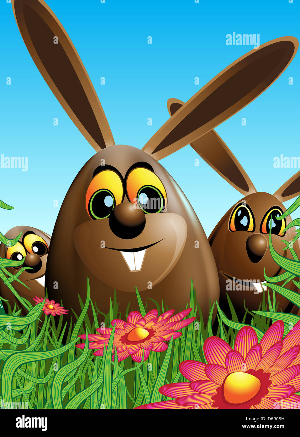 Illustration of three chocolate easter egg shaped Easter rabbit in a ...