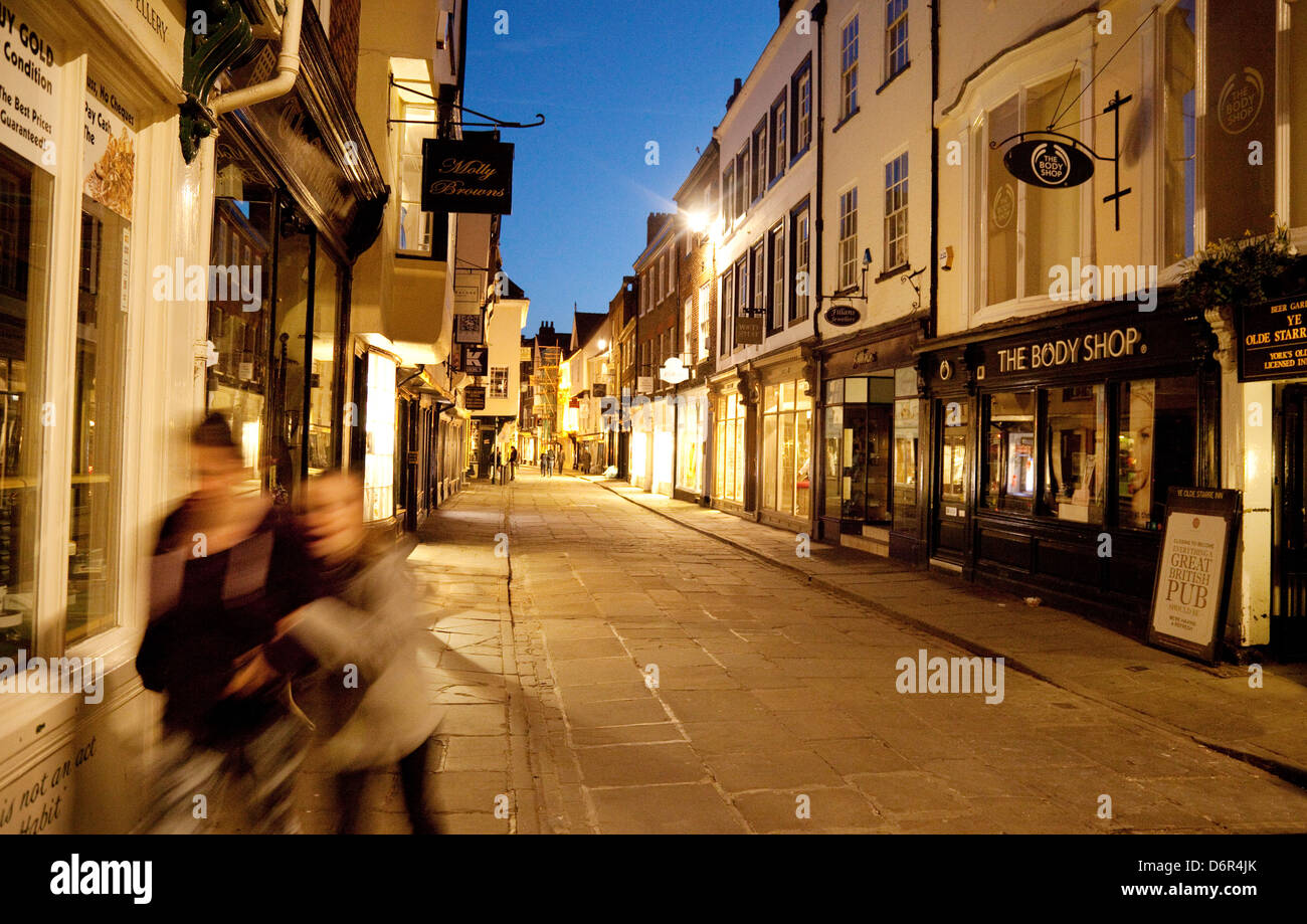 Medieval street York UK, Stonegate street scene, York city centre, old town, at night, York England Stock Photo