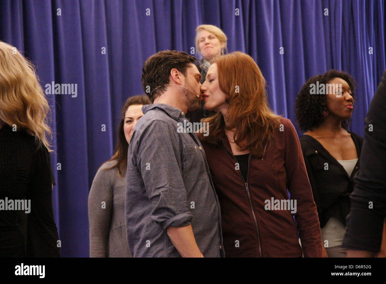 Raul Esparza and Jessica Phillips Press rehearsal with the cast of the