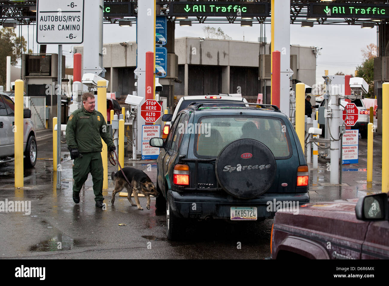 A US Customs and Border Protection officer inspects vehicles using a sniffer dog at the immigration check point for vehicles entering the USA at the San Luis border crossing February 16, 2012 in San Luis, AZ. Stock Photo