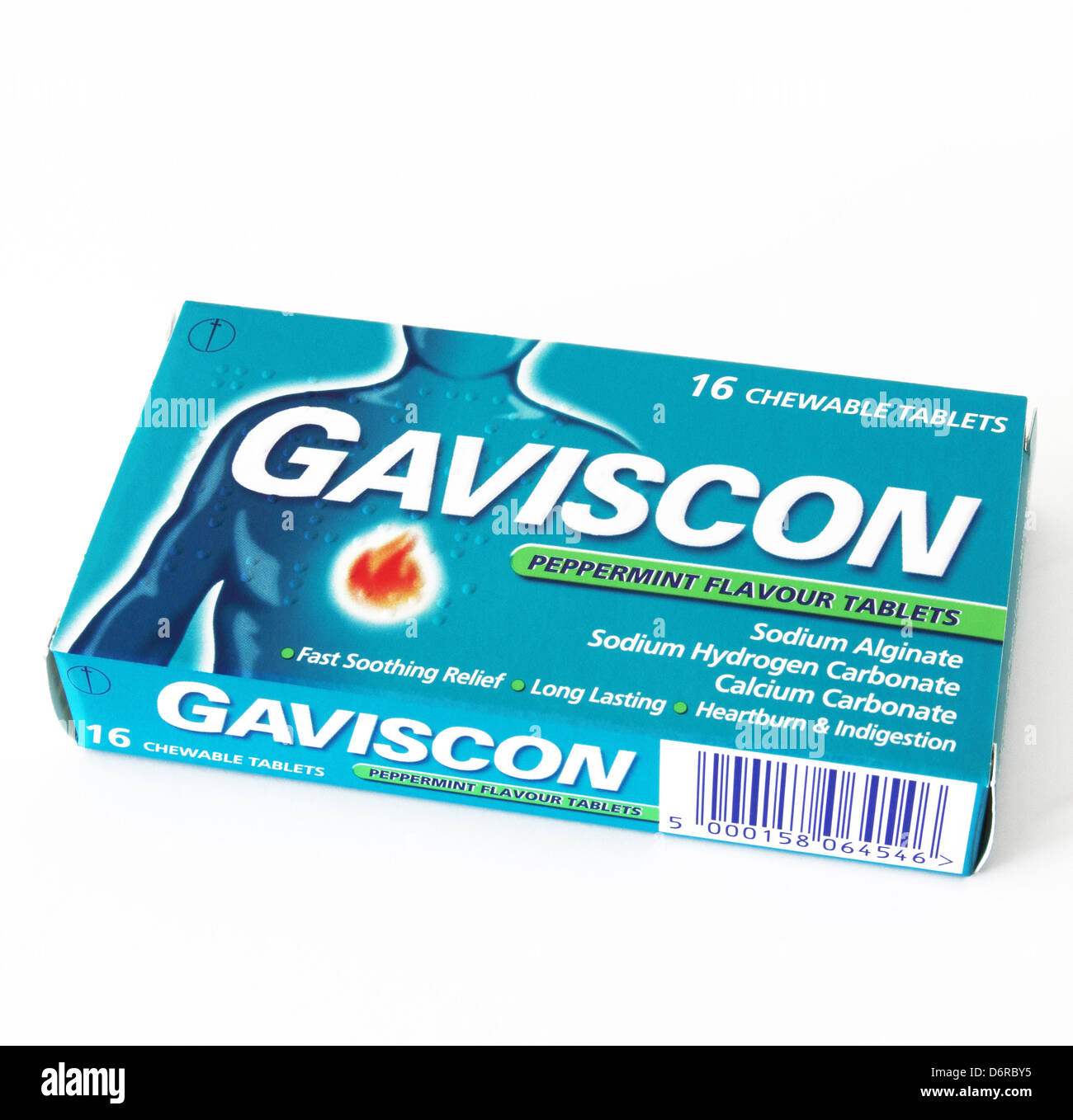 Packet of Gaviscon Peppermint Flavour Tablets on a White Background Stock Photo