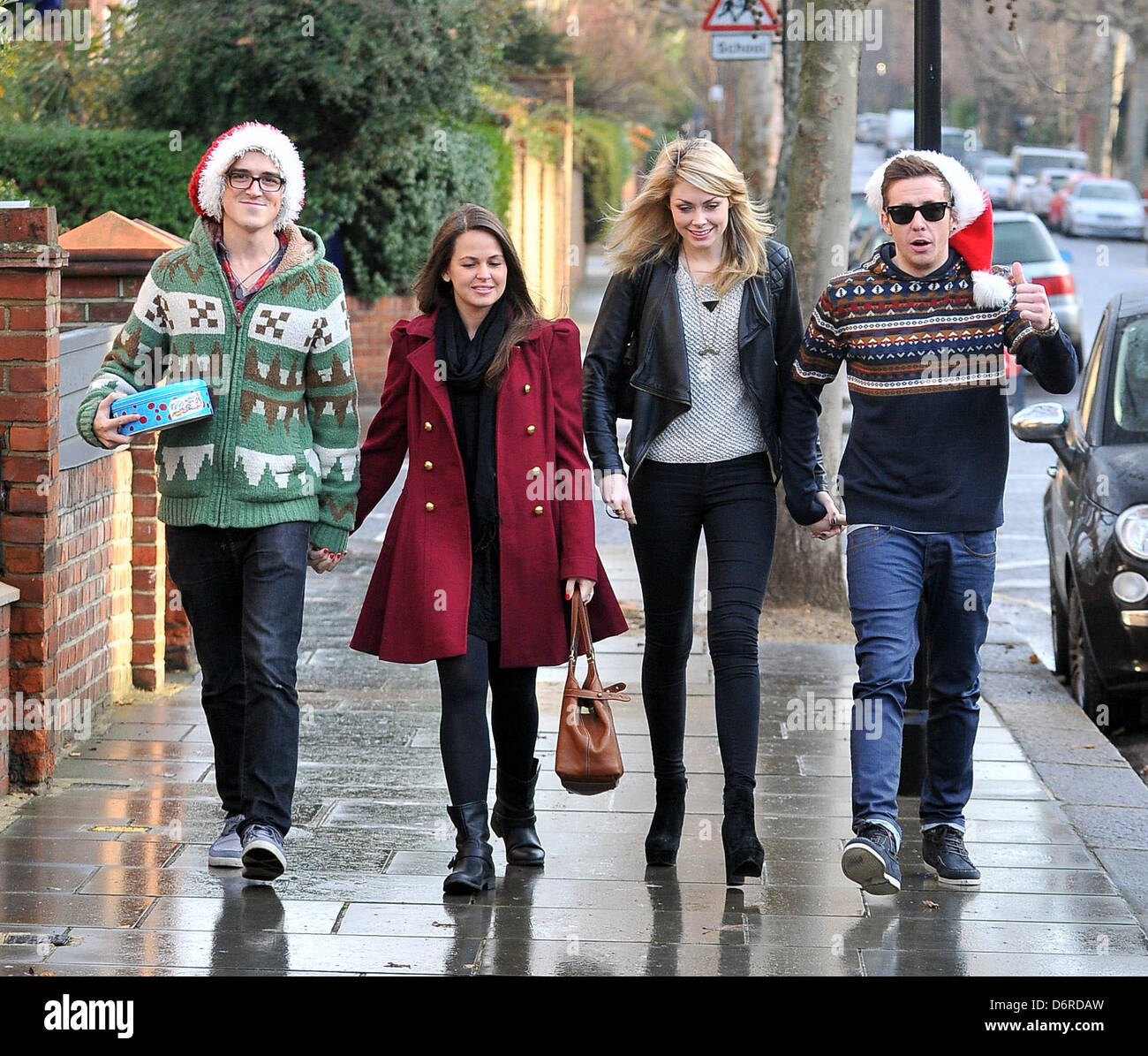 Tom Fletcher his fiance Giovanna Falcone, Georgia Horsley and Danny Jones  arriving at Fearne Cotton's house for her Christmas Stock Photo - Alamy