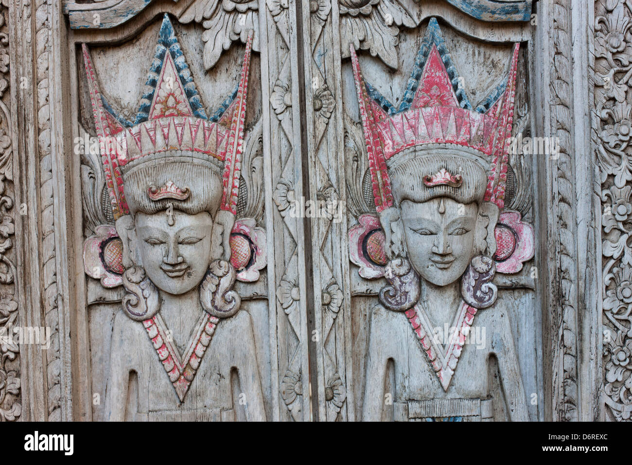 Hand carved wooden doors at the Mimpi Resort Menjangan in Bali, Indonesia Stock Photo