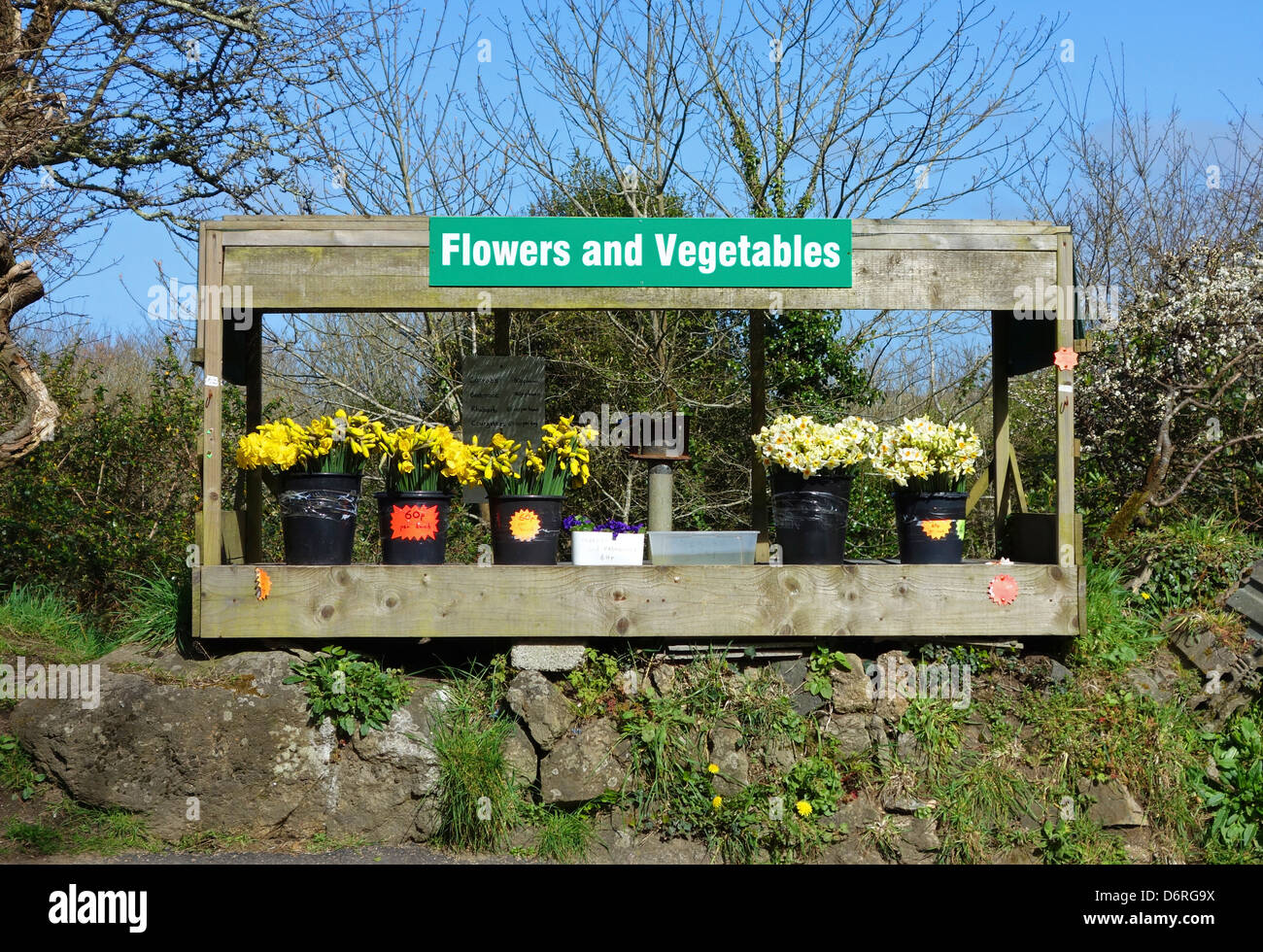 A roadside flower stall in Cornwall, UK Stock Photo