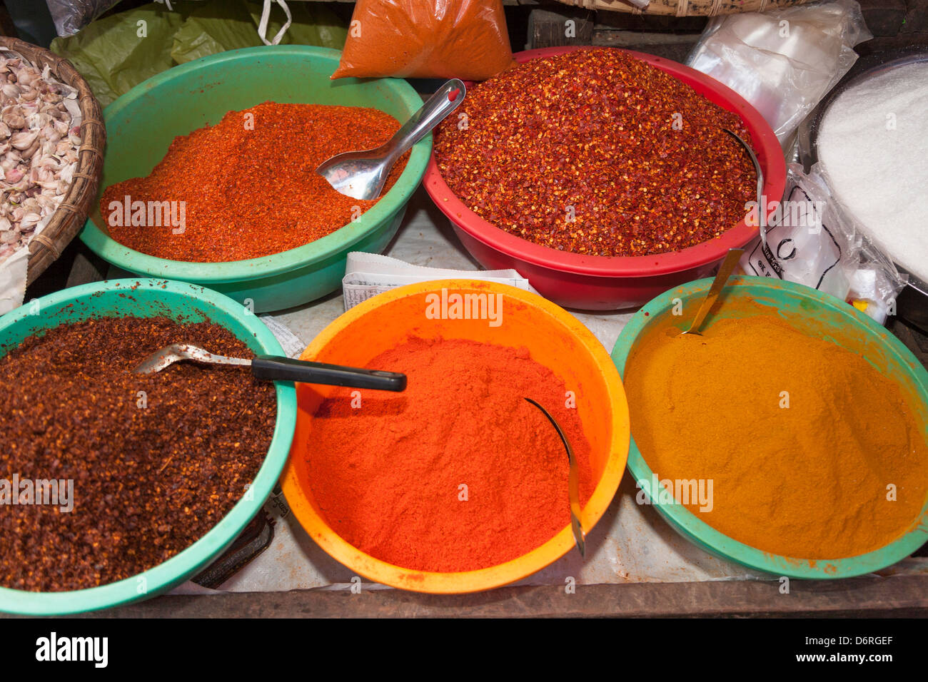 Spices for sale in market, Pyin Oo Lwin, also known as Pyin U Lwin and Maymyo, Mandalay, Myanmar, (Burma) Stock Photo