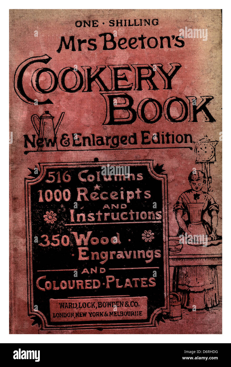 1890's Mrs Beetons Cookery Book cover illustrating variety of Victorian foods Stock Photo