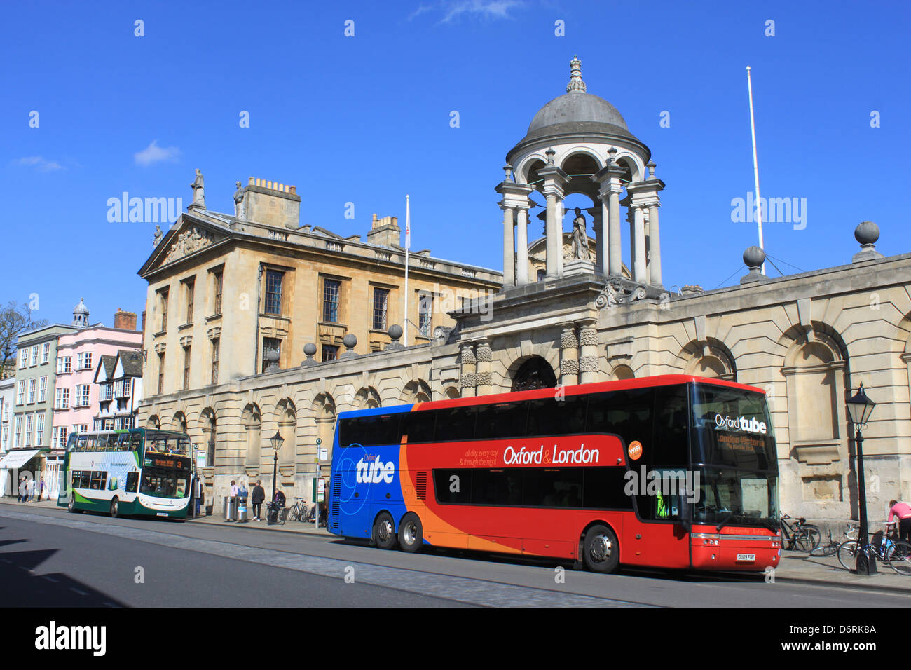 Electric Hybrid double deck bus and Oxford Tube bus in High Street