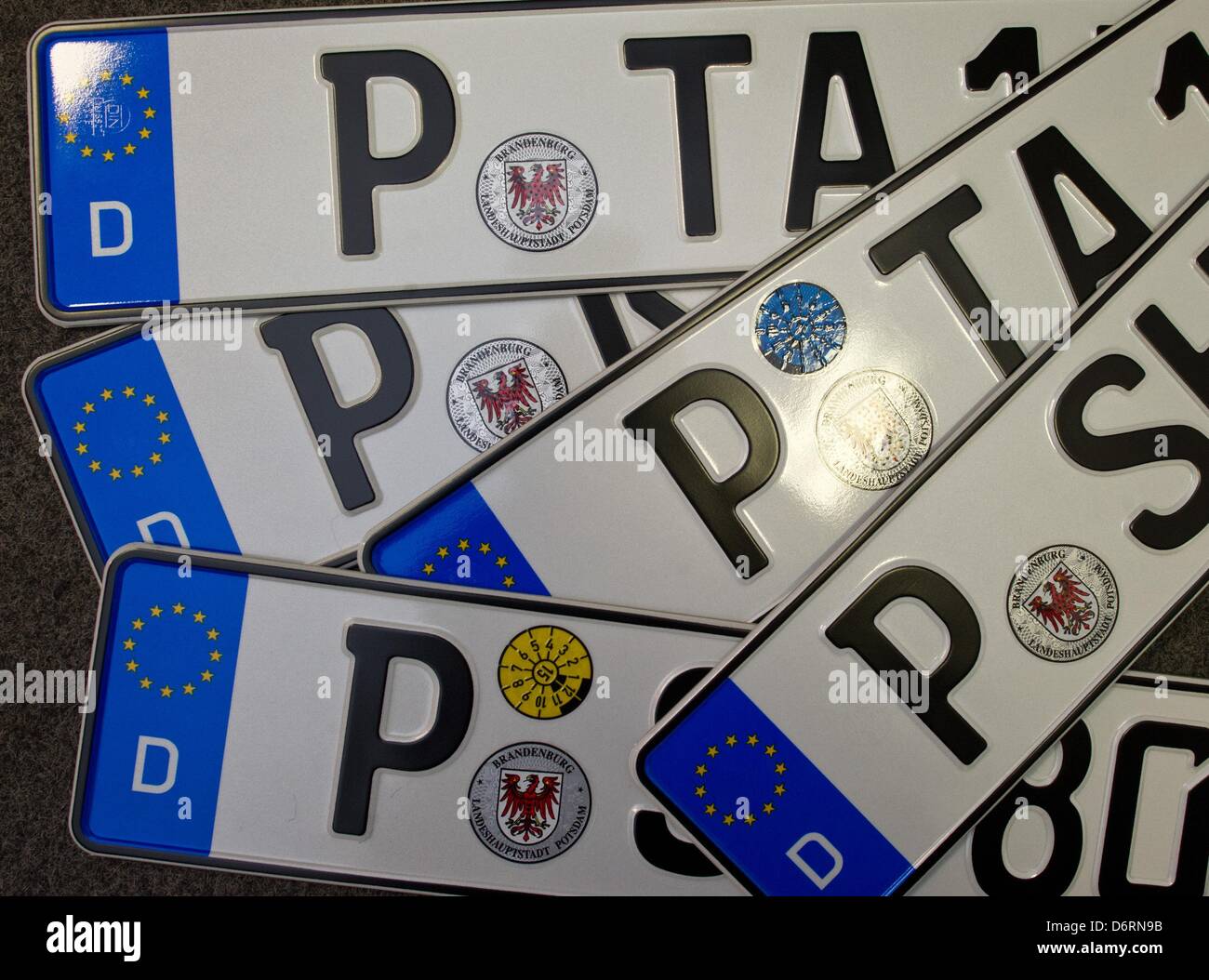 New licence plates are pictured at the vehicle registration office in