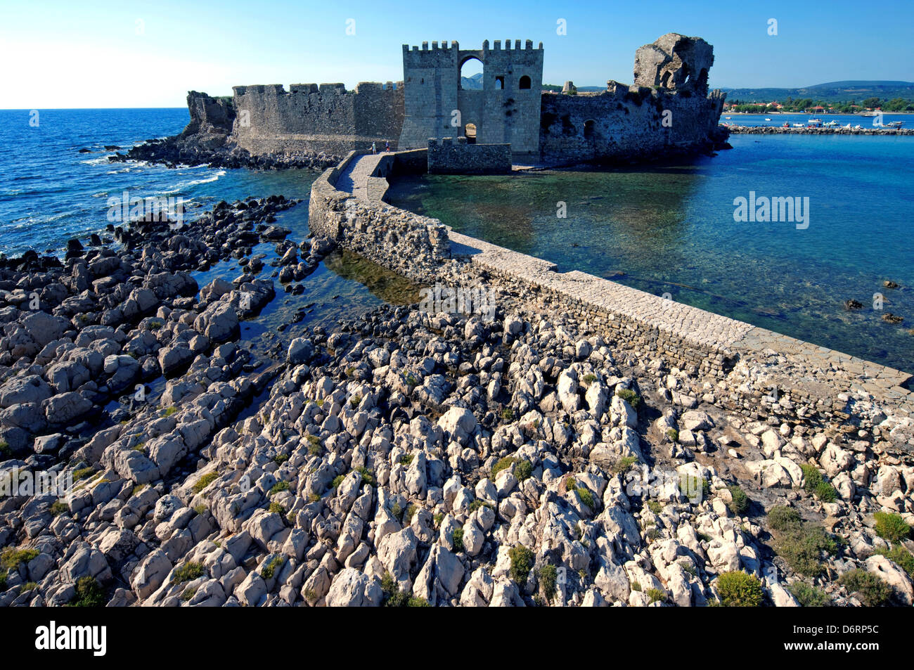 Greece, Peloponissos, Methoni, Castle on beach Stock Photo