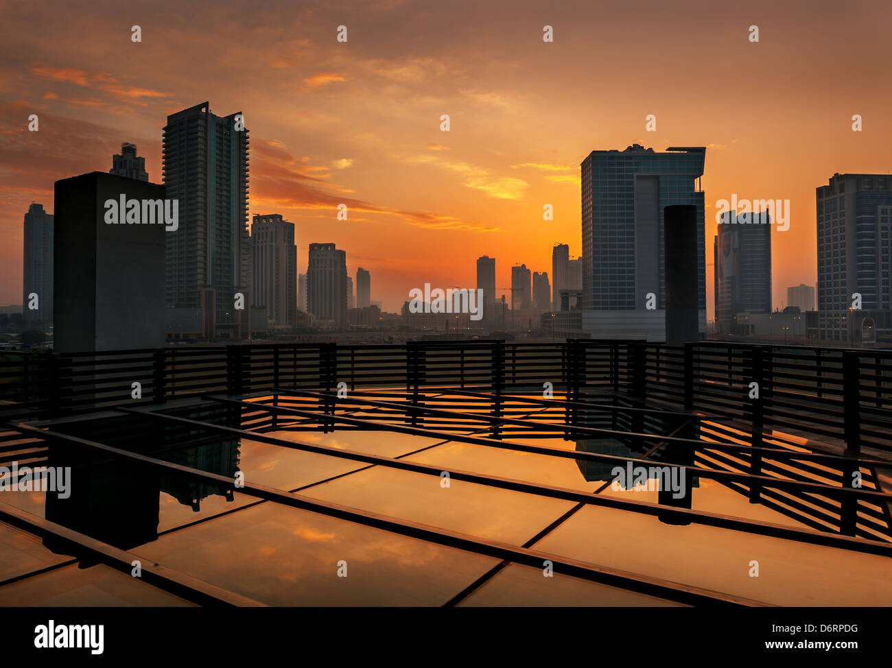 Skyline of Dubai Downtown at the sunrise. Stock Photo