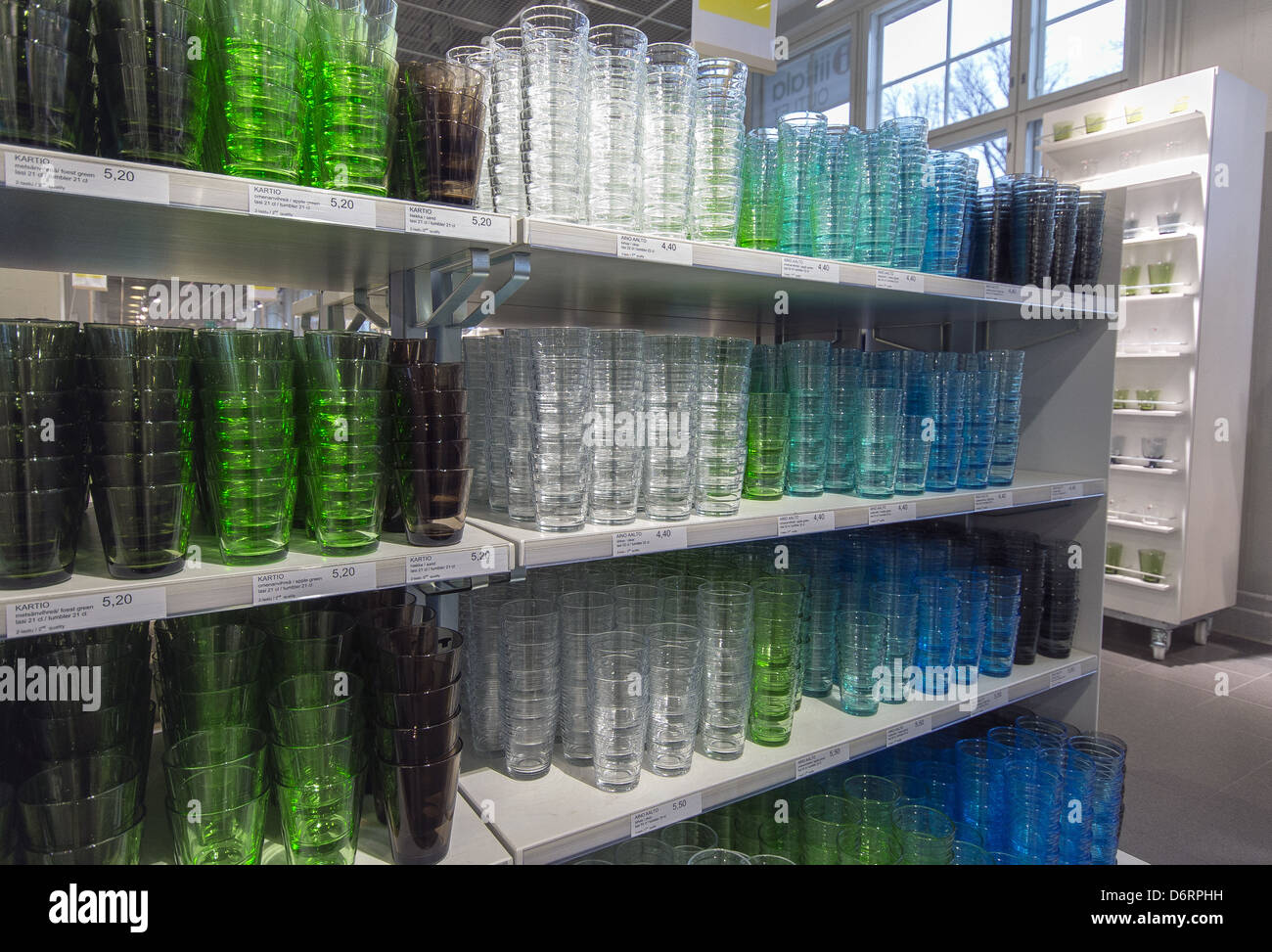 Display of glassware in the Iittala outlet store at the Arabia factory building in Helsinki, Finland Stock Photo