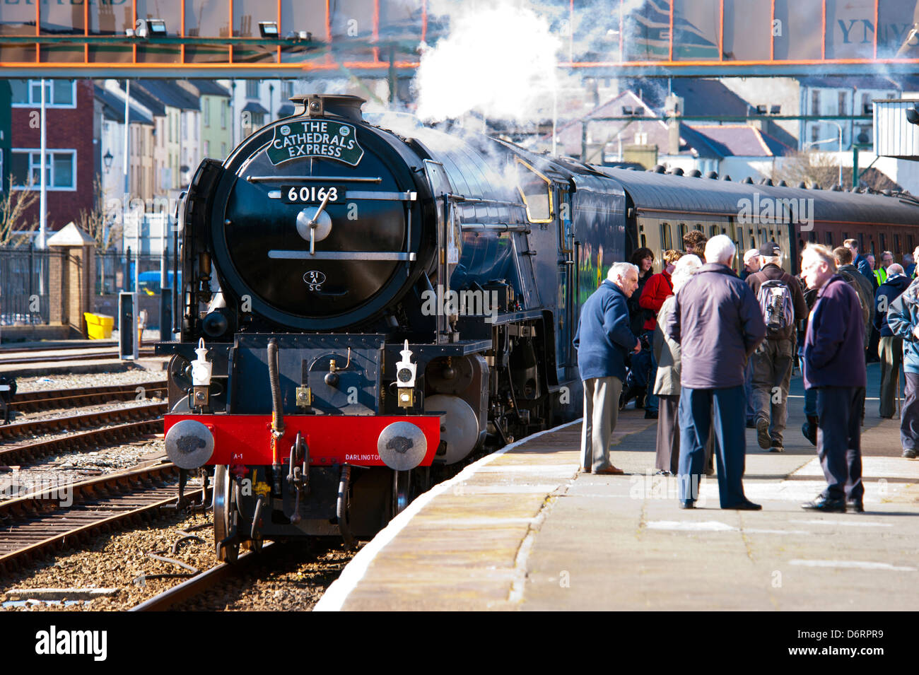 Tornado 60163 Steam Engine at Holyhead station Anglesey North Wales Uk Cathedrals Express Stock Photo