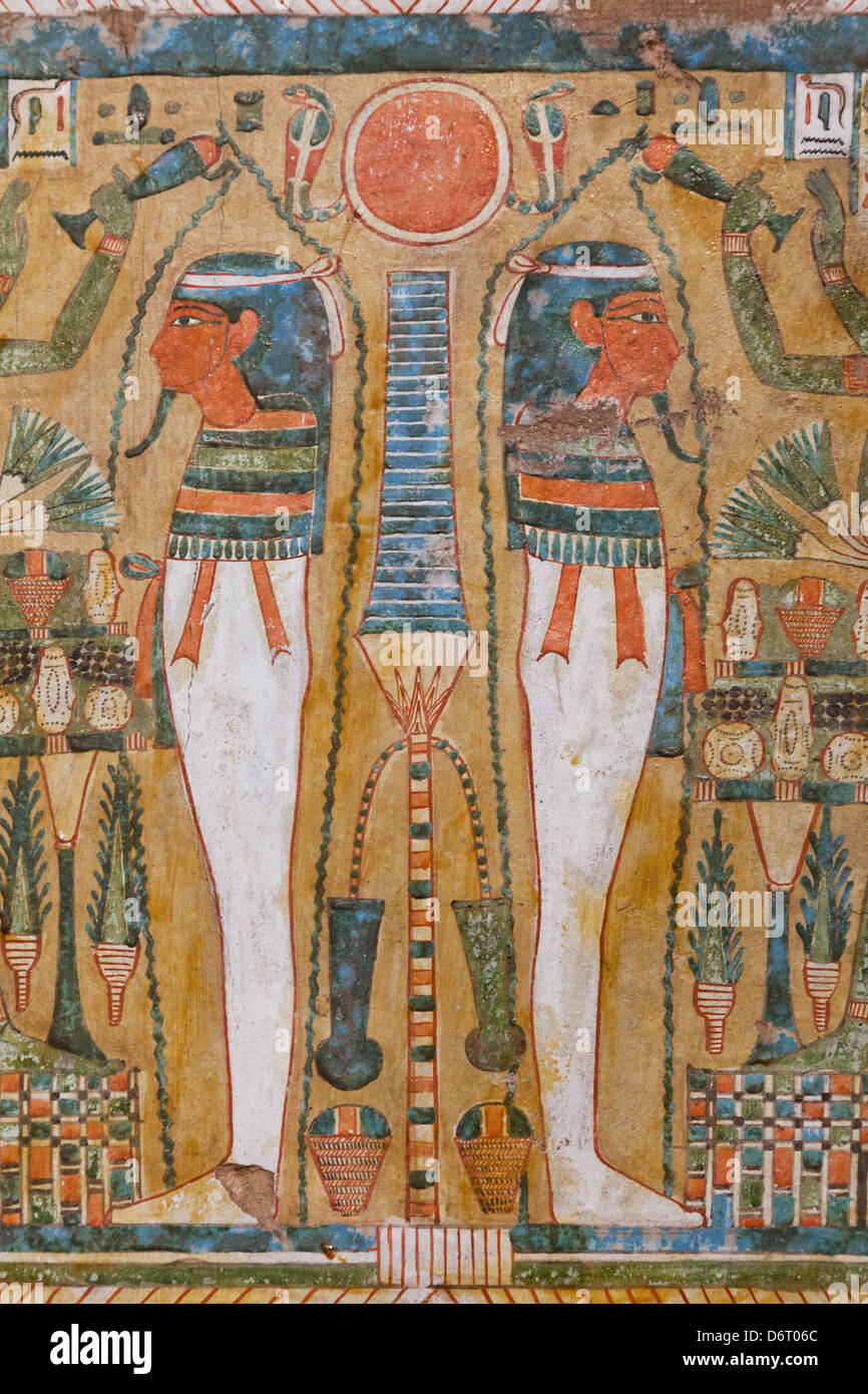 UK, England, London, British Museum, Egyptian Room, Detail of Painted Wooden Coffin of Katebat 1300BC Stock Photo