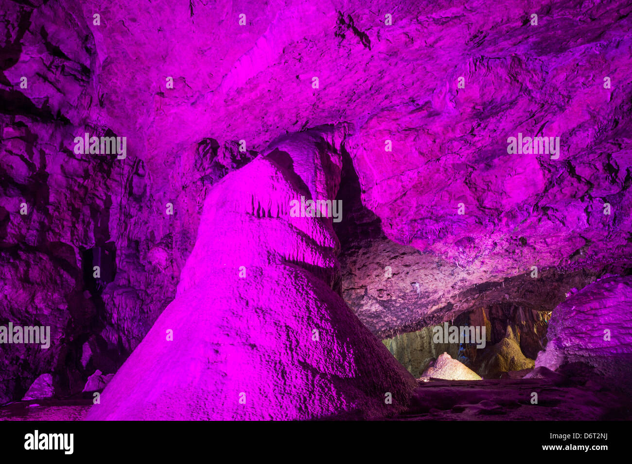 UK, England, Somerset, Wookey Hole, Wookey Hole Caves, Colorful lights in cave Stock Photo Alamy