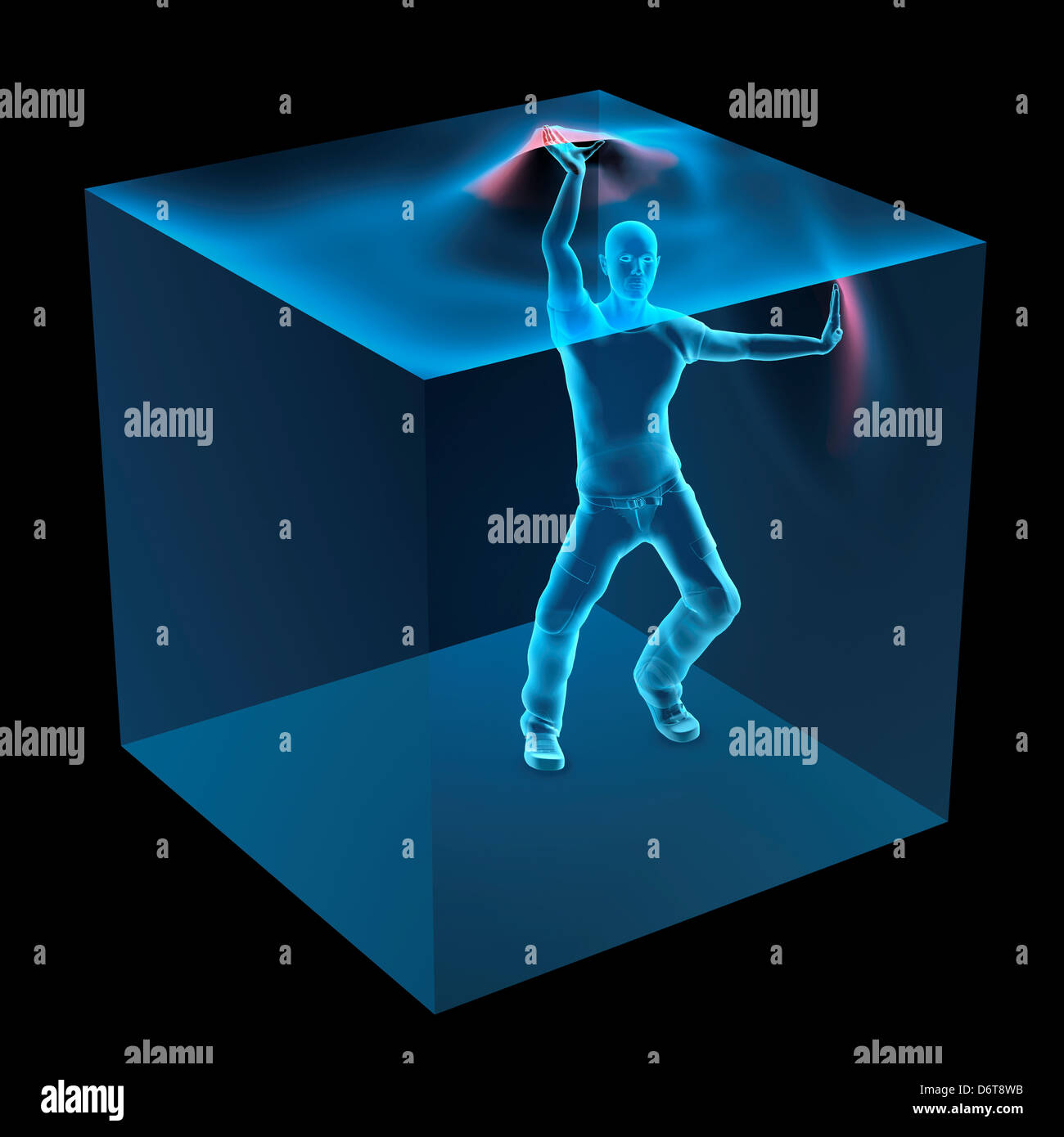 3D Computer Illustration of man trapped inside blue transparent cube Stock Photo