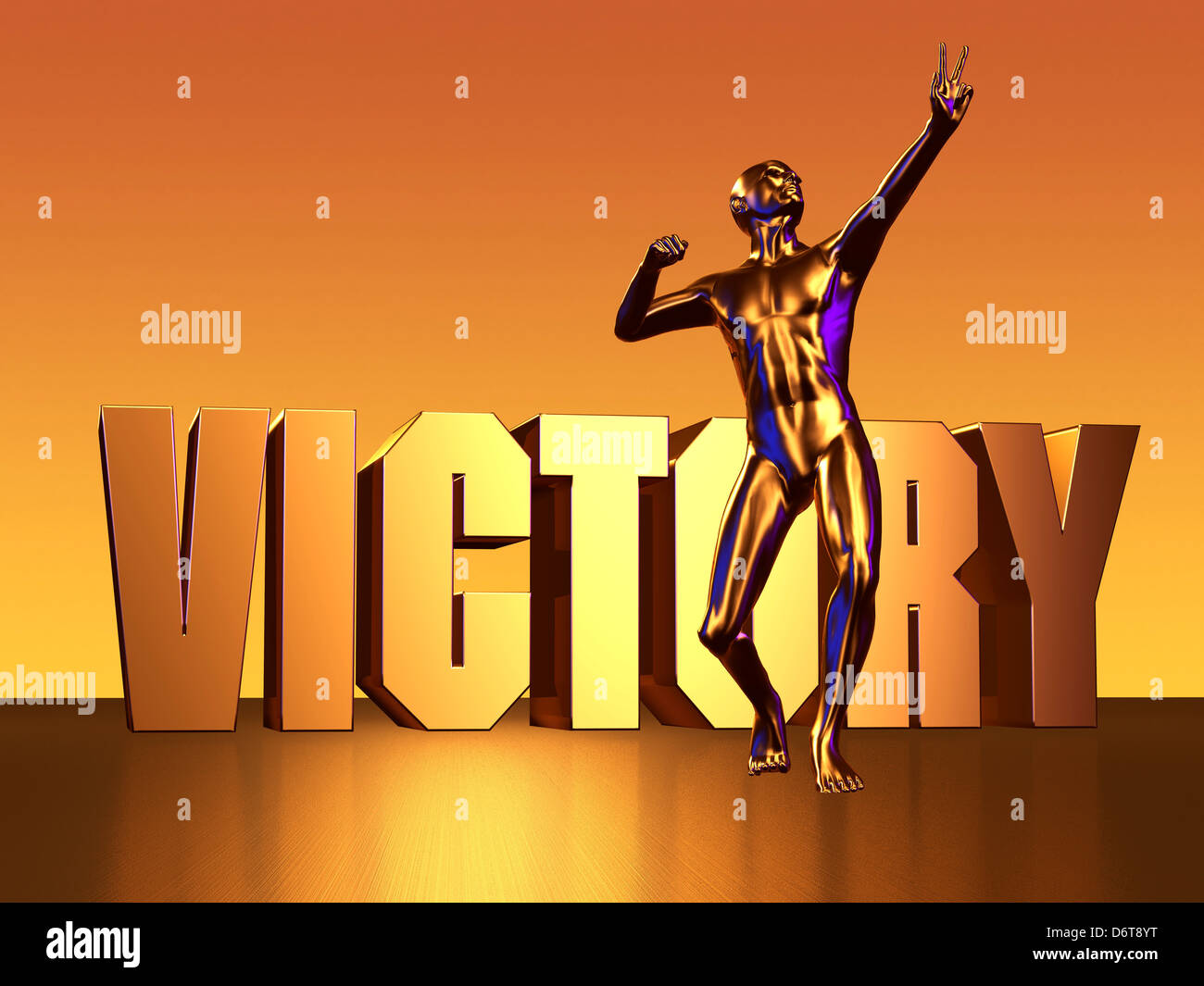 Victory gold block lettering with one gold figure Stock Photo