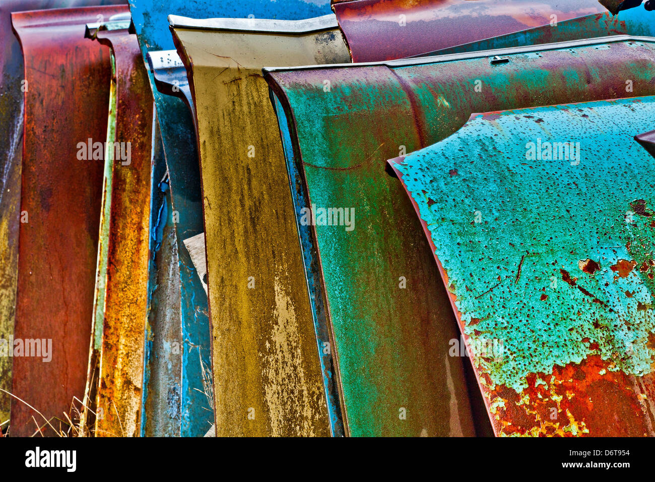Stacked Car Hoods in Wrecking Yard Stock Photo Alamy