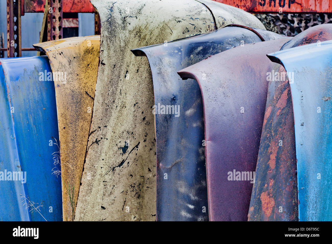 Stacked car hoods in wrecking yard Stock Photo Alamy