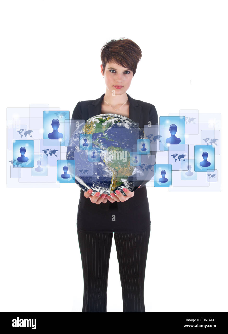 Young woman holding earth with social media symbols isolated on white. Elements of this image are furnished by NASA Stock Photo