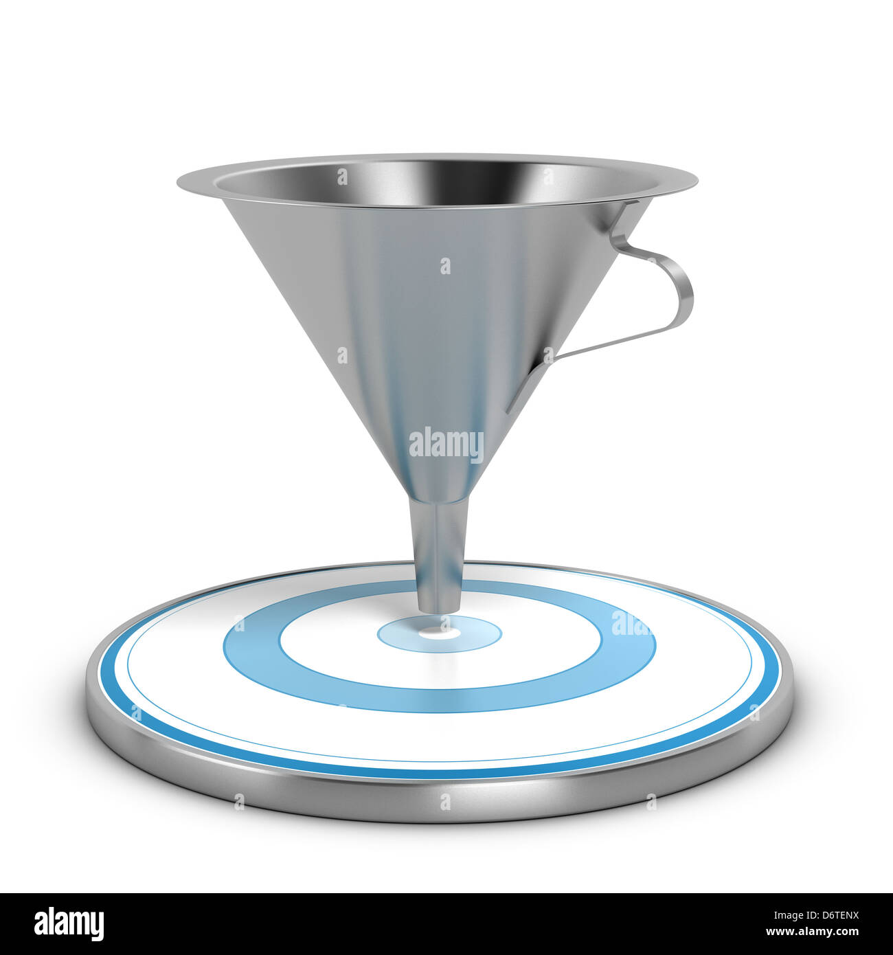 Empty metal funnel and blue target over white background, concept of conversion rate Stock Photo