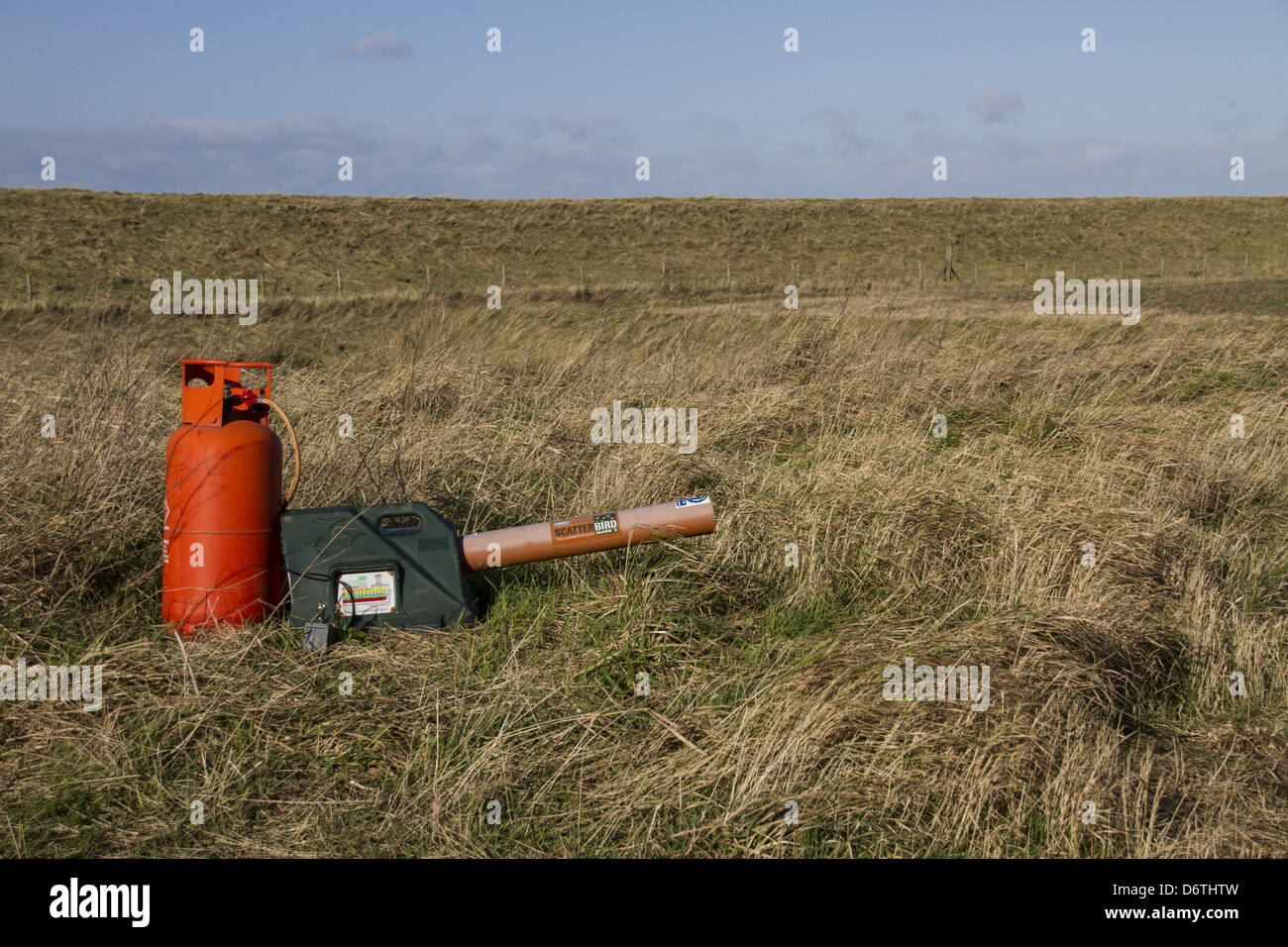 Gas-gun, gas powered bird scarer at edge of arable field, Norfolk, England, winter Stock Photo