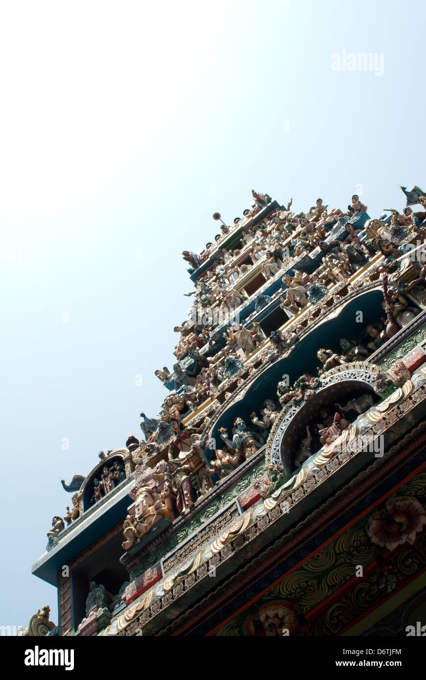 View looking upwards at deities adorning the a Hindu Temple in the Pettah market in Colombo, Sri Lanka. Stock Photo