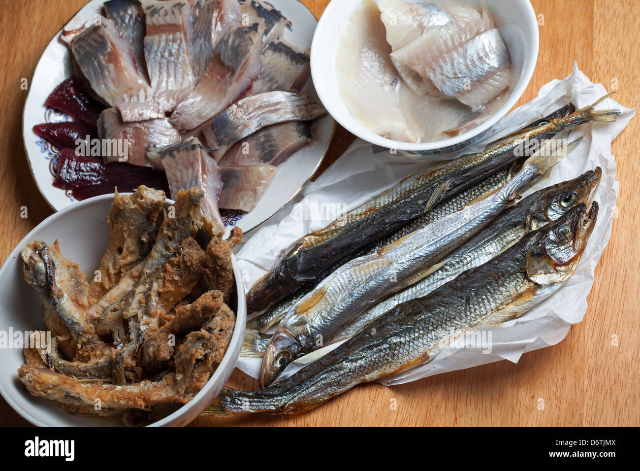 Seafood theme. Assorted fish on wooden table. Top view Stock Photo