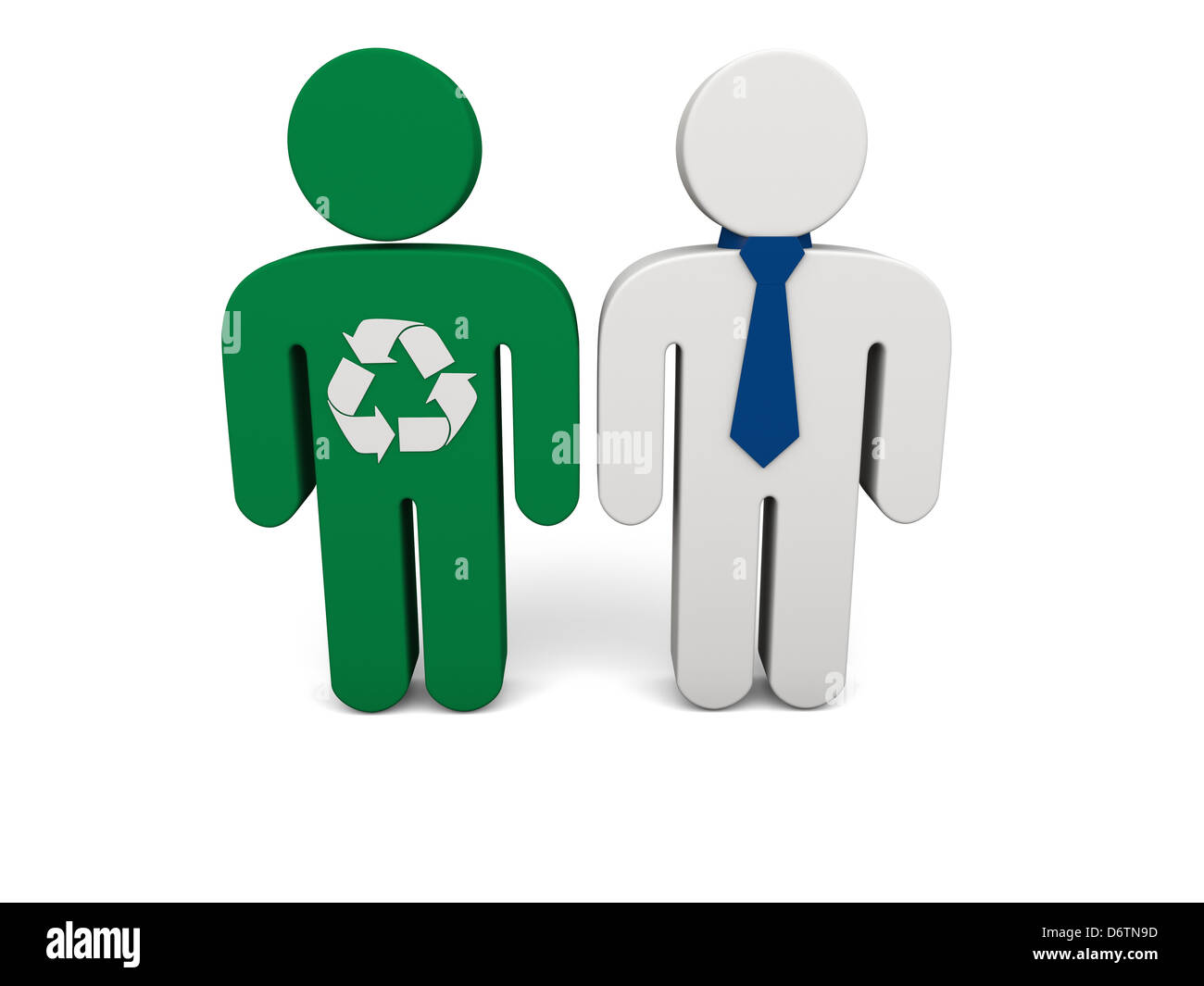 Concept of ecology and business. Illustration of green person and office person isolated on white background. Stock Photo
