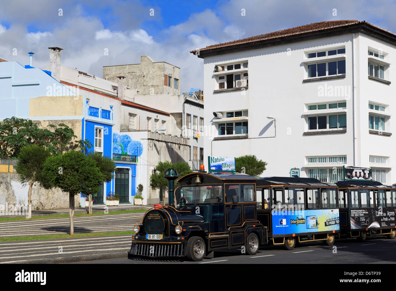 Tourist train on Avenida Infante D. Henrique,Ponta Delgada City,Sao Miguel Island,Azores, Portugal,Europe Stock Photo