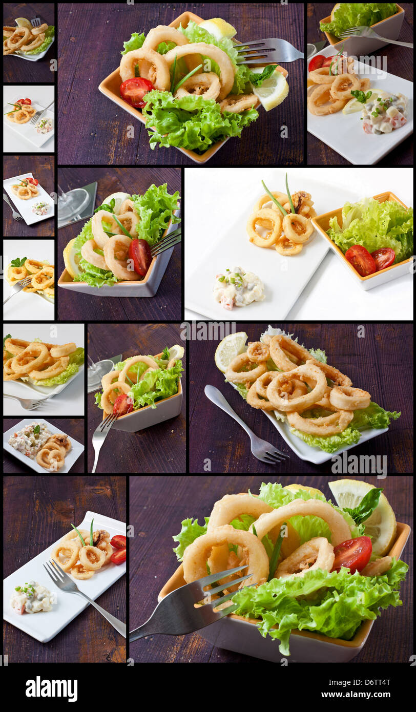 collage with fried calamari with salad on bowl Stock Photo