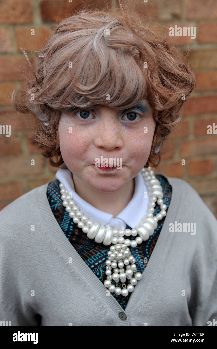 school girl dressed as Gangster granny on World book day Stock Photo
