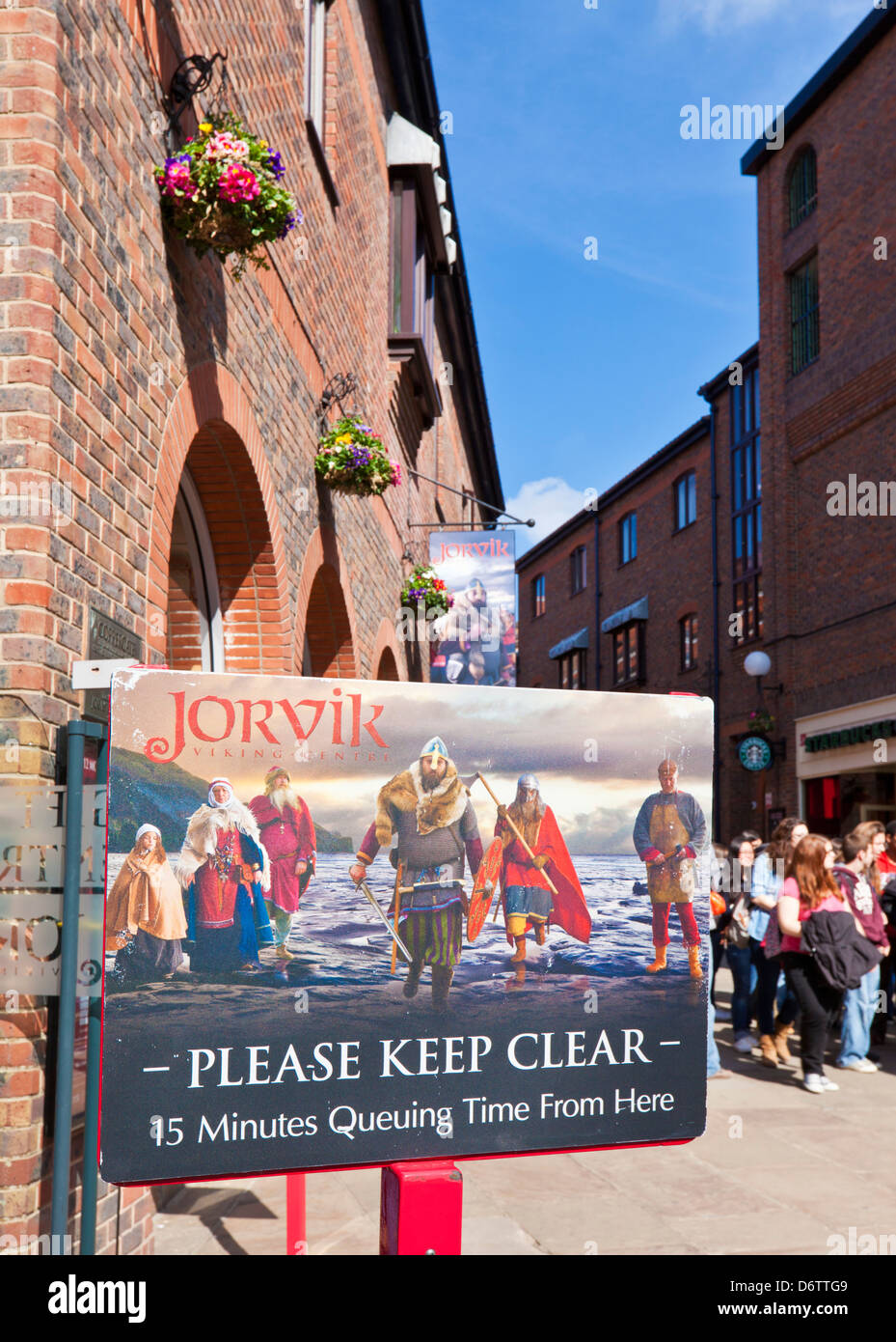 Decorated Queuing sign at the York Jorvik Viking Centre entrance Coppergate City centre North Yorkshire England UK GB EU Europe Stock Photo