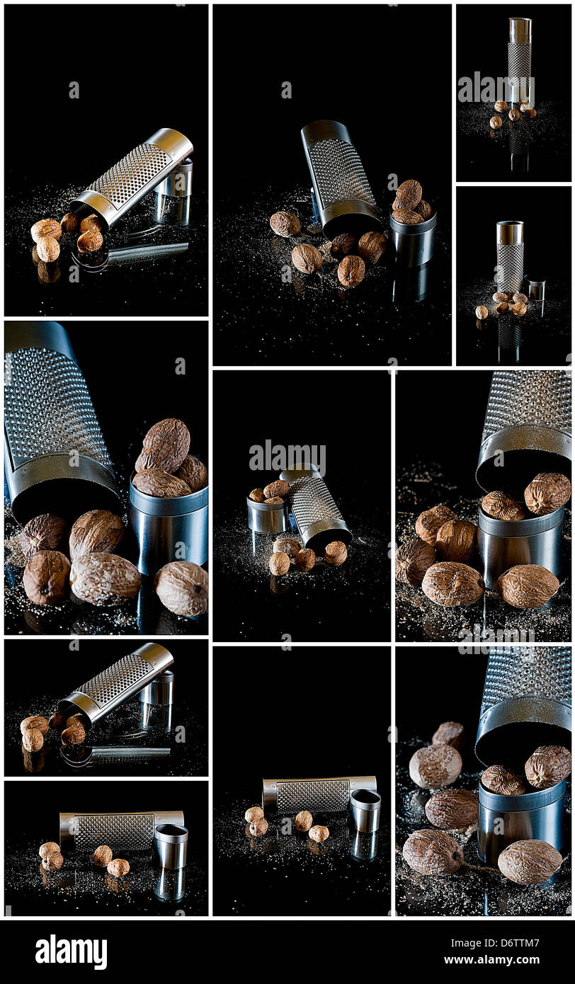 whole and grind nutmeg collage on black background Stock Photo Alamy